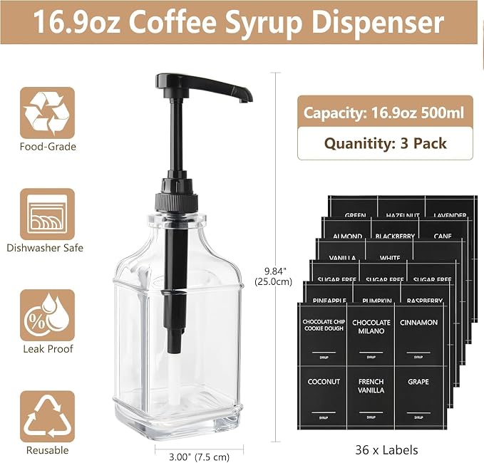 3 Pack 16.9oz Glass Coffee Syrup Dispenser - Image 7