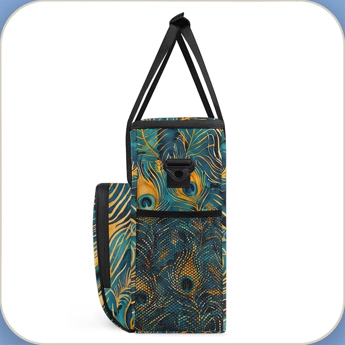 Bohemian Peacock Feather Coffee Maker Carring Bag, Large Insulated Storage - Image 4