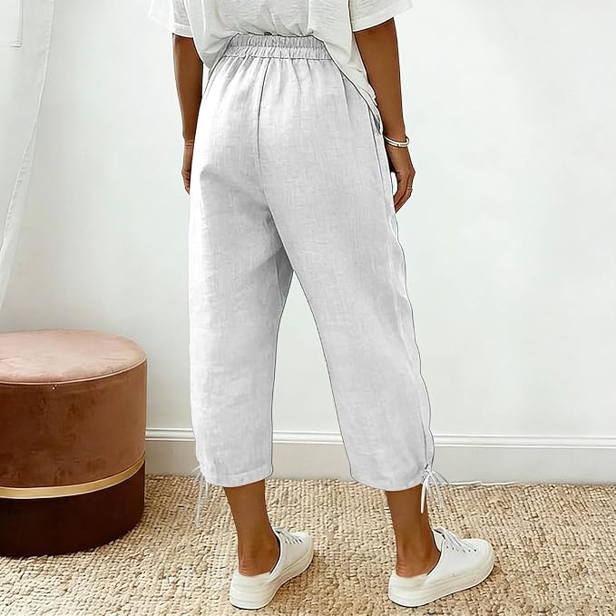 Linen Capri Pants for Women Drawstring Elastic Wide Leg Trouser 2026 Summer - Image 6