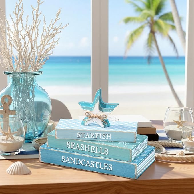 Amyhill 4 Pcs Beach Table Decor, Wooden Coastal Decorative Books - Image 7