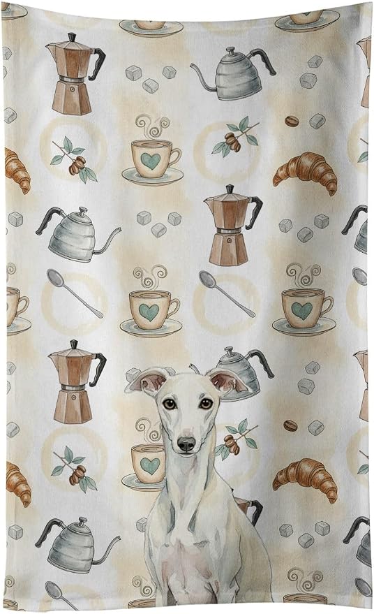 Caroline's Treasures White Whippet Coffee Bar Kitchen Towel Velour Plush Front by CarolinesTreasures