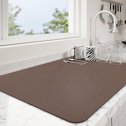 Dish Drying Mat for Kitchen Counter | Coffee Bar Mat for Countertops | Heat Resistant Drainer Mat with Non-slip Rubber Backed | Hide Stain Kitchen Absorbent Draining Mat | Brown 16"x18"