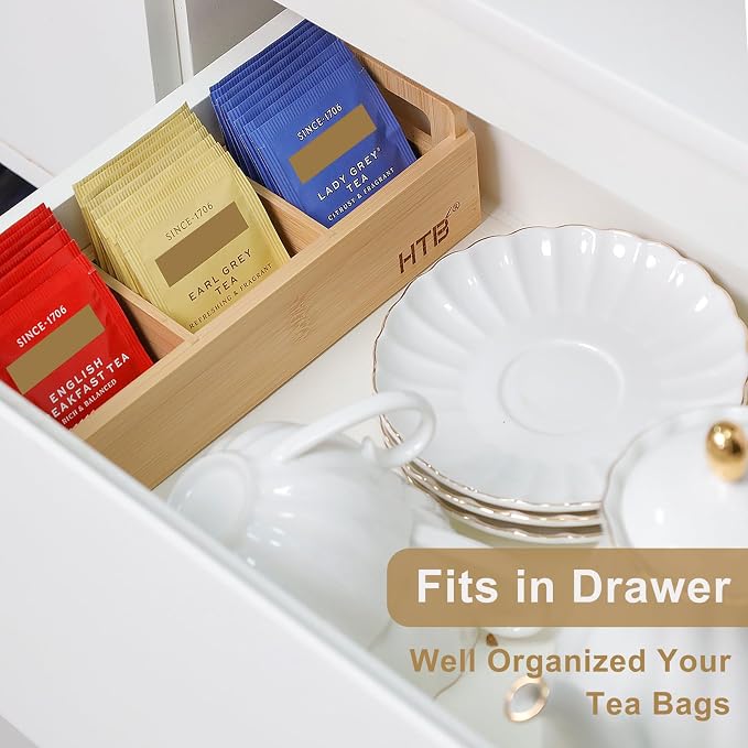 HTB Small Tea Bag Holder Pack of 2, Bamboo Tea Organizer 3 Compartments - Image 8