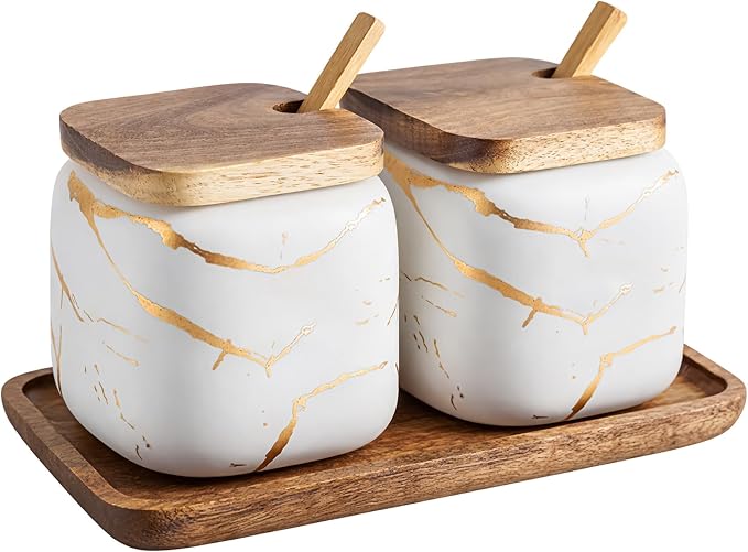 2 Sets of Marble Ceramic Sugar Bowl Ceramic Seasoning Jars by JFFLYIT