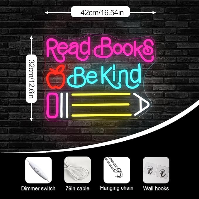 Read Books Be Kind Neon Sign Adjustable Brightness Student LED Neon Light Light - Image 4