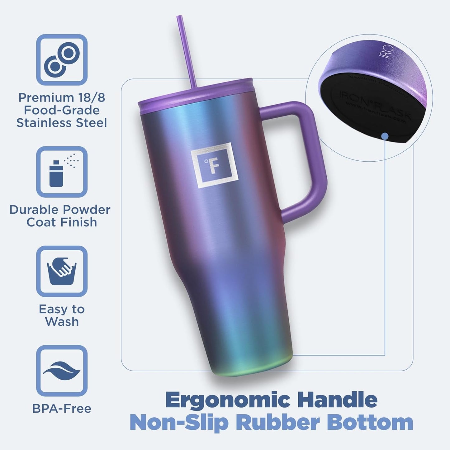 IRON °FLASK Co-Pilot Insulated Mug w/Straw & Flip Cap Lids - Cup Holder Bottle for Hot, Cold Drink - Leak-Proof - Water, Coffee Portable Travel Mug - Pink Tulip, 32 Oz