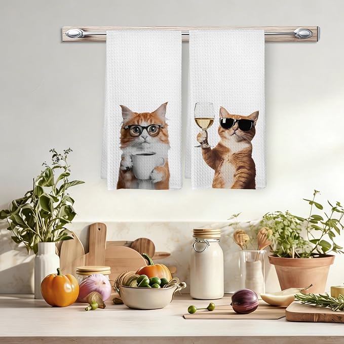 Funny Cat Coffee Wine Kitchen Towels, Funny Kitten Coffee Wine Dishcloths Dish - Image 3
