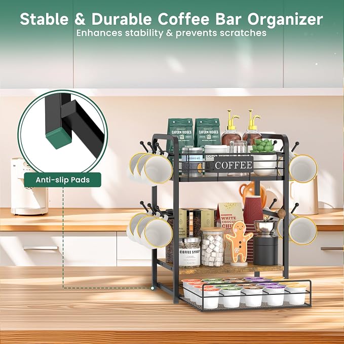 EsLuker.ly Coffee Bar Organizer Station Shelf Mug Holder, 3 Tier Coffee Cup - Image 8
