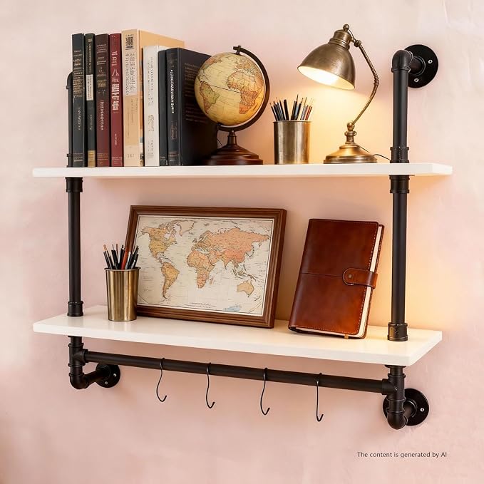 ROGMARS White Floating Wall Shelves Industrial Pipe Shelving 30 Inch Wood - Image 5