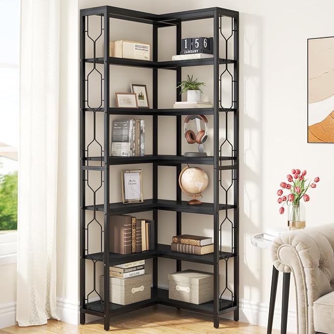 Tribesigns Corner Shelf, 7-Tier Industrial Corner Bookshelf, Wood and Metal by Unknown
