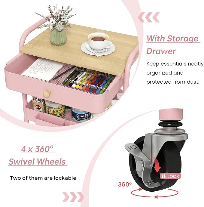 danpinera Rolling Cart with Drawers, Storage Cartwith Locked Wheels, Hooks & - Image 3