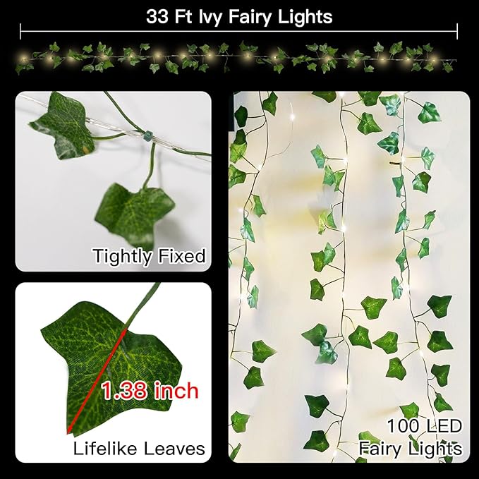 suddus Vine with Fairy Lights Battery Operated, 33ft100 LED Pothos String - Image 6