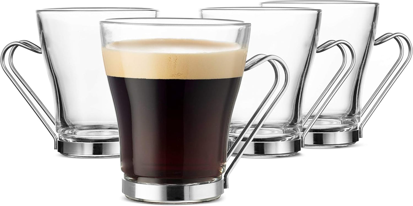 Bormioli Rocco OSLO Glass Coffee Mug - 7 ½ Ounce Espresso Cups (4 Pack) with Metal Handle Perfect Tea Glasses for hot and cold beverages, Thermal Shock Resistant, Tempered Glass, for Latte, Cappuccino