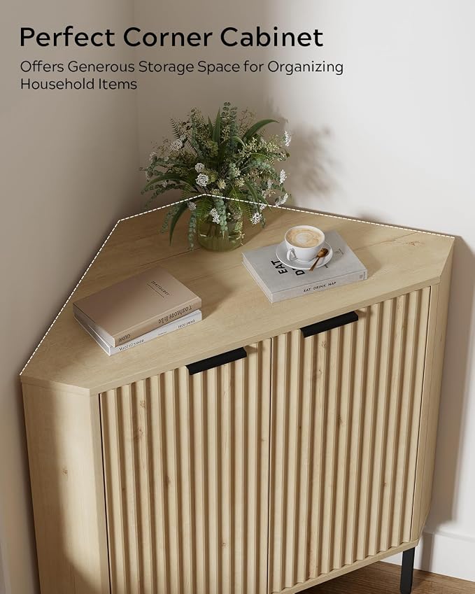 Modern Corner Cabinet, Fluted Wood Floor Storage Cabinet - Image 3