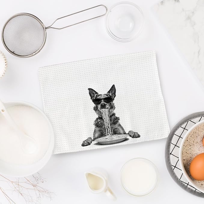 Blue Heeler Gifts Wine Kitchen Towels Set of 2, Funny Dog Eating Pasta - Image 6