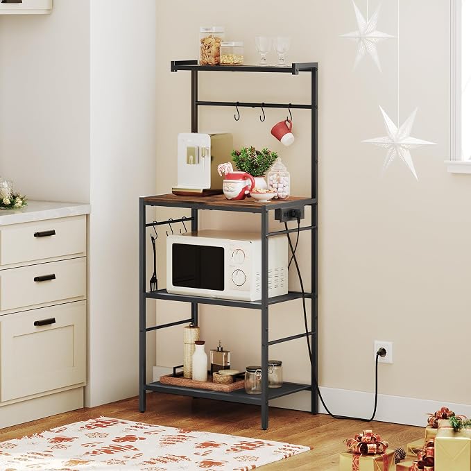 MAHANCRIS Bakers Rack with Power Outlet, Kitchen Storage Shelf with 6 Hooks - Image 4