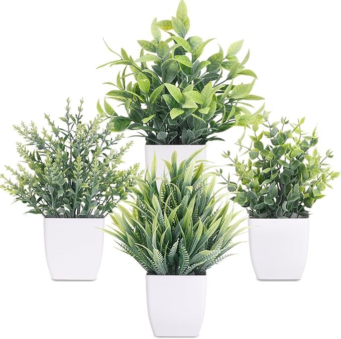 CEWOR Fake Plants 4 Packs Small Artificial Plants Mini White Potted Greenery by CEWOR