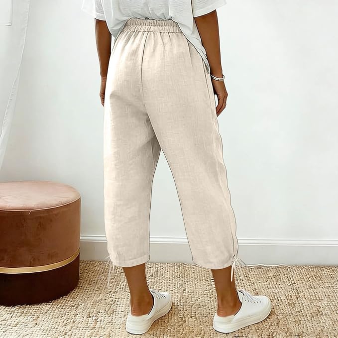Linen Capri Pants for Women Drawstring Elastic Wide Leg Trouser 2026 Summer - Image 4