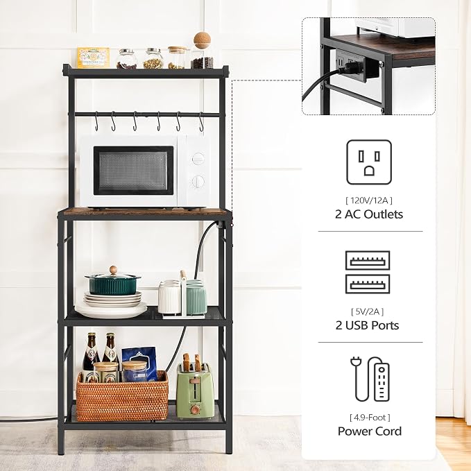 MAHANCRIS Bakers Rack with Power Outlet, Kitchen Storage Shelf with 6 Hooks - Image 7