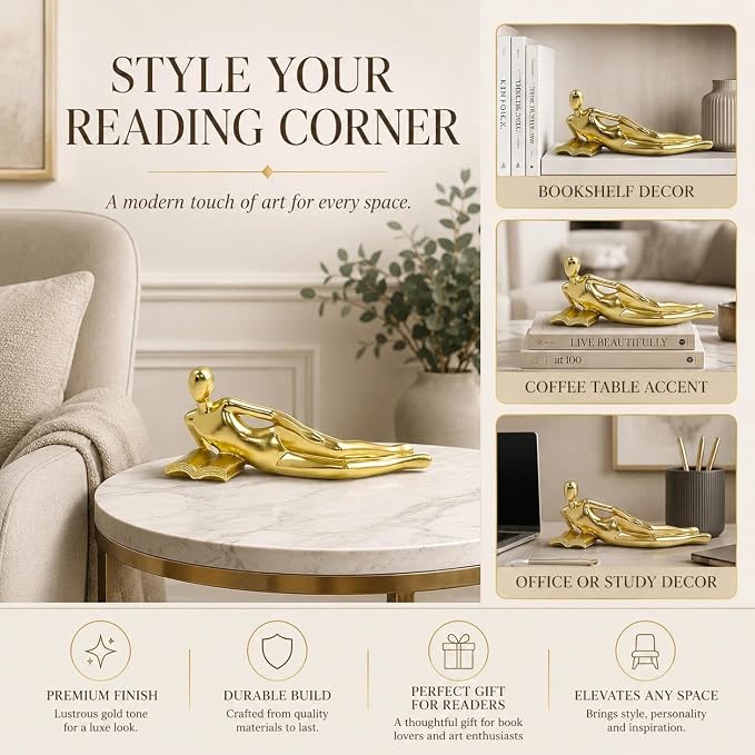 Gold Reading Statue Style D, Abstract Reader Figurine, Resin Book Decor - Image 3