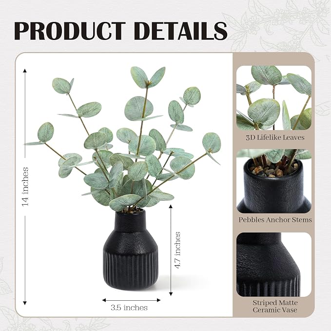 FIACO Artificial Eucalyptus Stems in Ceramic Vase, Coffee Table Centerpiece - Image 3