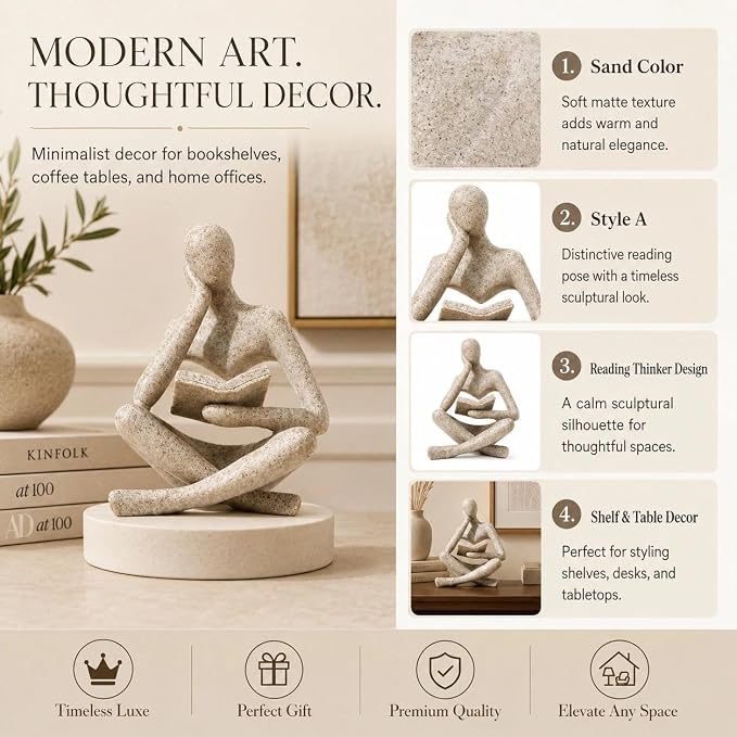 Bookshelf Decor Thinker Statue, Sand Abstract Reading Figurine, Resin - Image 6