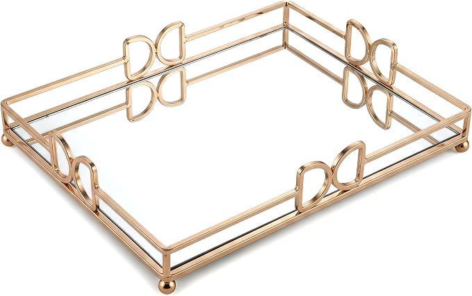 13X 10 Inch Glass and Gold Rectangle Tray ，Dinner Plate Perfume and Vanity Tray by Yikinip