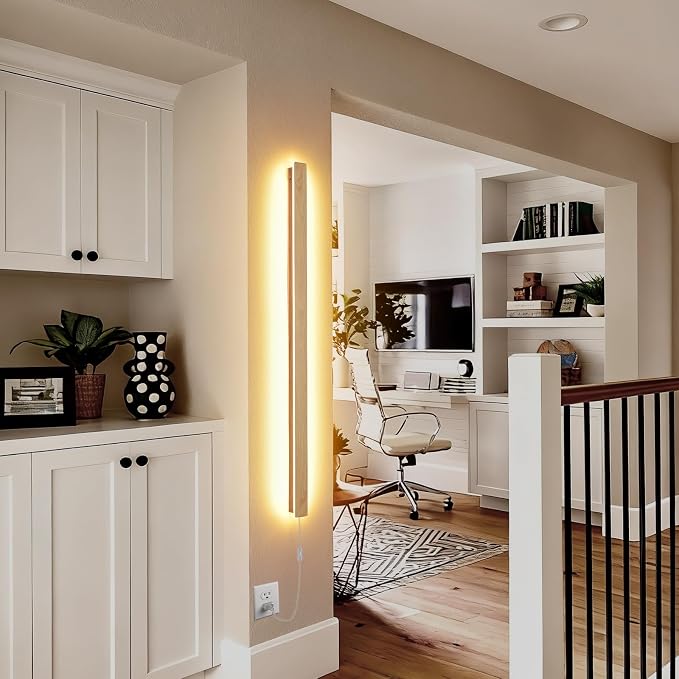 Modern Plug in Long Wall Sconce, 39.3" Faux Wood Texture Finish LED Wall Lights - Image 8