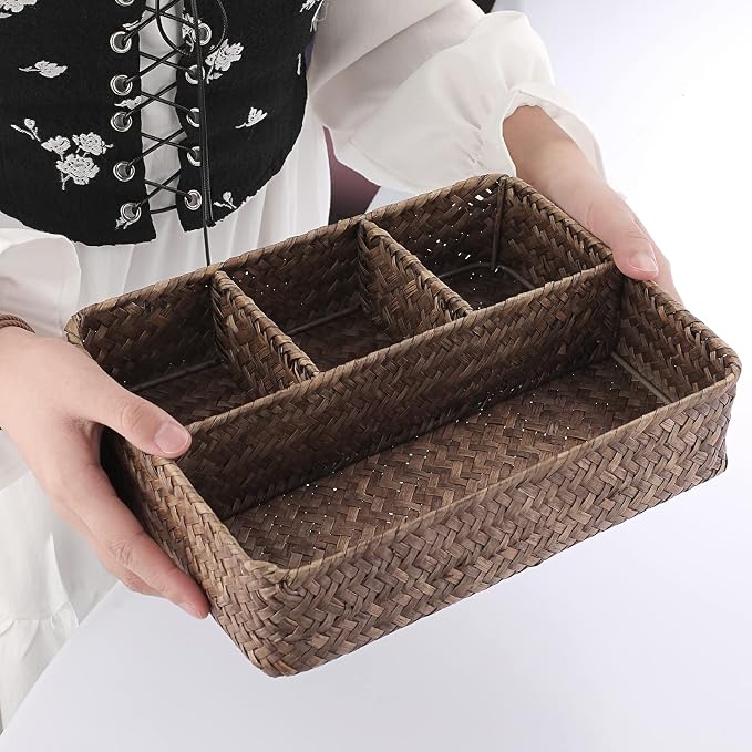 Hipiwe Wicker Basket Bin 4-Section Handwoven Tea Bag Basket Organizer Seagrass - Image 3