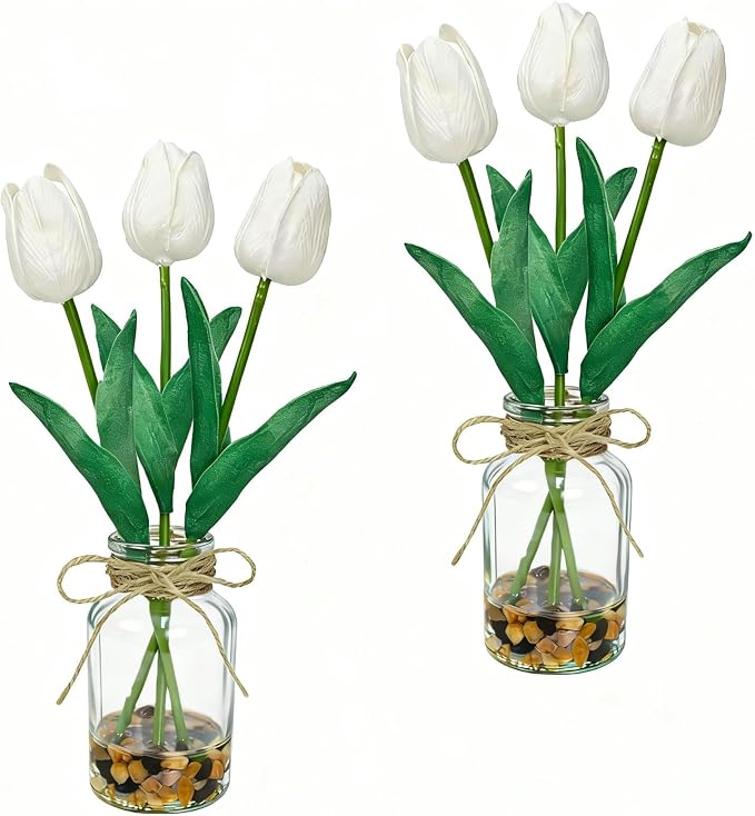 2 Packs Faux Flowers Artificial Tulips in Glass Vase by UNLEMONI