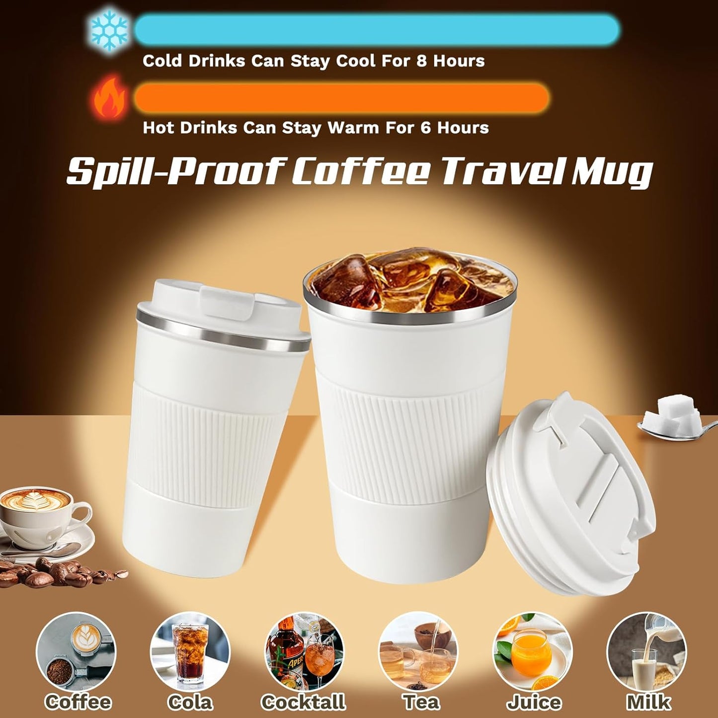 Vacuum-Insulated Stainless Steel Travel Coffee Mug, Leak-Proof Reusable Coffee Cup with Lid - Keep Hot & Cold Drinks for Hours, Durable Thermos Tumbler for Men & Women (3rd-White, 17OZ)