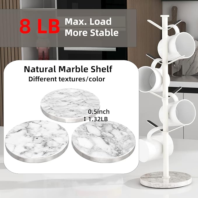 Gypie Mug Holder Tree with Marble Base, 8 Hooks White Coffee Cups Holder Stand - Image 2