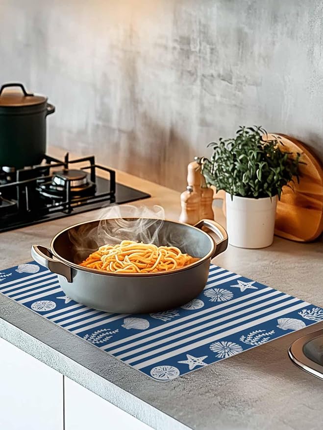 Striped Coffee Mat Ocean Navy Blue Starfish Shell Jellyfish Coral Absorbent Bar - Image 3