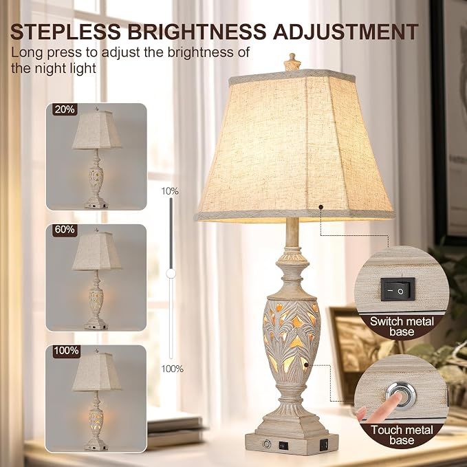 29.5"H Touch Control Traditional Table Lamp Set of 2, Vintage Bedside Lamp - Image 2