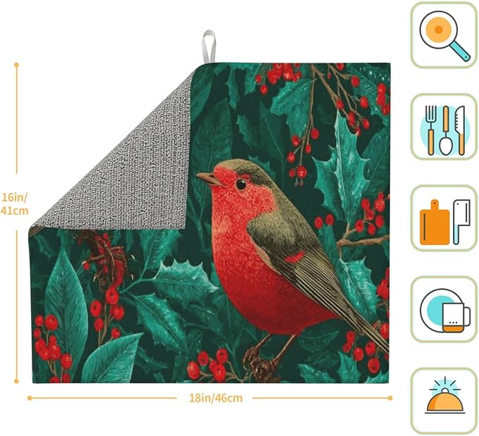 Two Red Birds Holly Red Berries Dark Green Absorbent Dish Drying Mat - Image 5