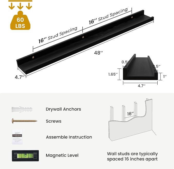 Acovy Solid Ash Wood Floating Shelves, Wood Picture Ledge Shelf Set of 2 - Image 3