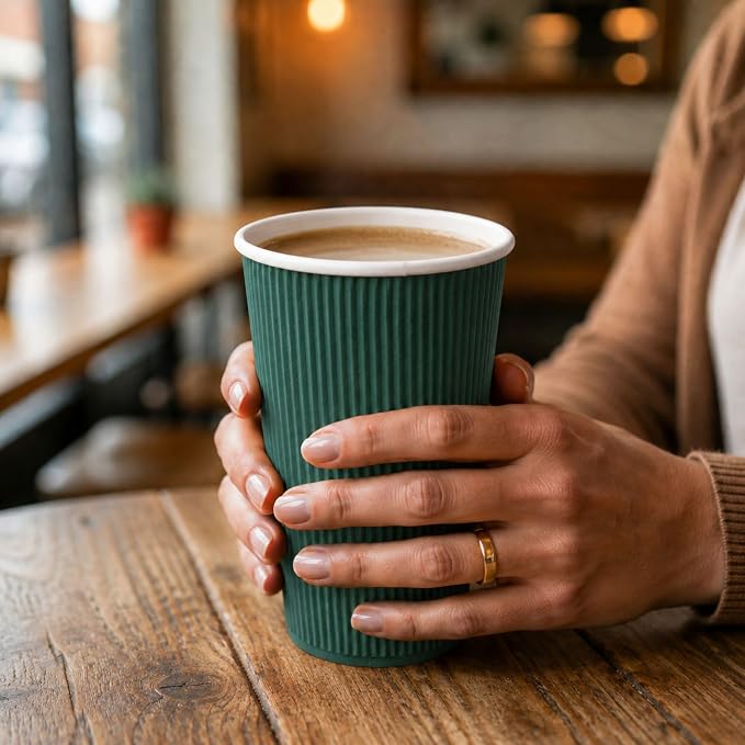 Restaurantware Ripple Wall Coffee Cups 25 Count 16 Ounce Insulated Forest Green - Image 5