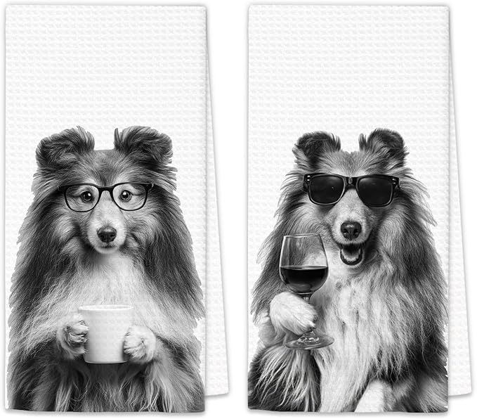 Sheltie Gifts Coffee Wine Kitchen Towels Set of 2, Coffee Dog Dish Tea Towel by OINDADE