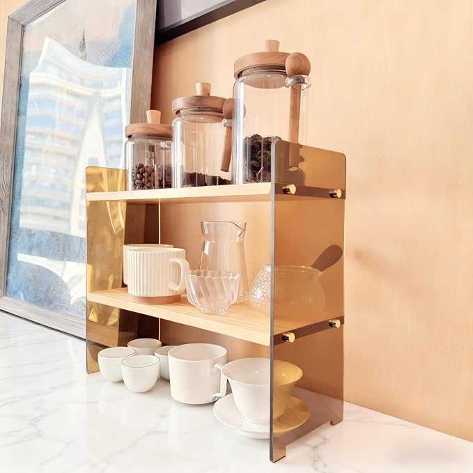 Coffee Station Organizer 2 Tier, Solid Wood Mug Shelffor Coffee Bar, Matcha by REEGII