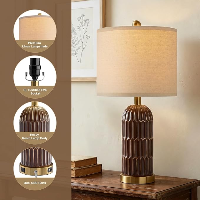 OYEARS 22.5" Bedside Table Lamps Set of 2, Farmhouse Table Lamp - Image 3