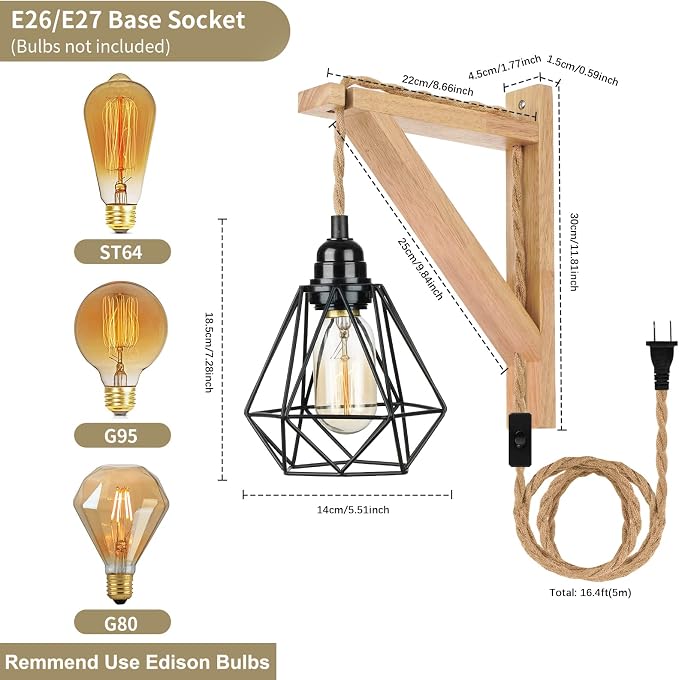 Frideko Wood Plug in Wall Sconces Set of Two, Hanging Lamps that Plug into Wall - Image 4