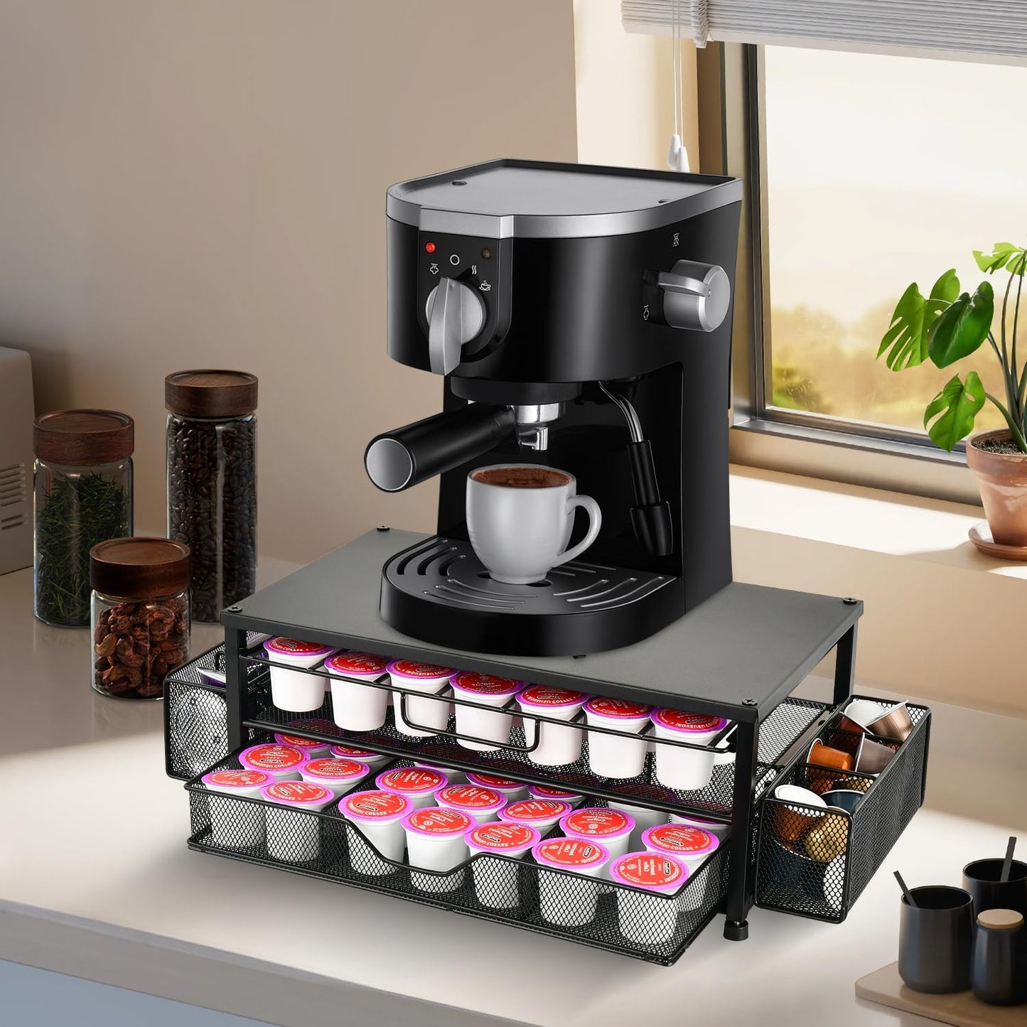 Spacrea K Cup Holder Organizer- Coffee Pod Holder for Counter with 2 Tier Sliding Storage Drawer, Coffee Station Bar Accessories Holder, 63 Large or 80 Small Capsules, Home Kitchen (Black)