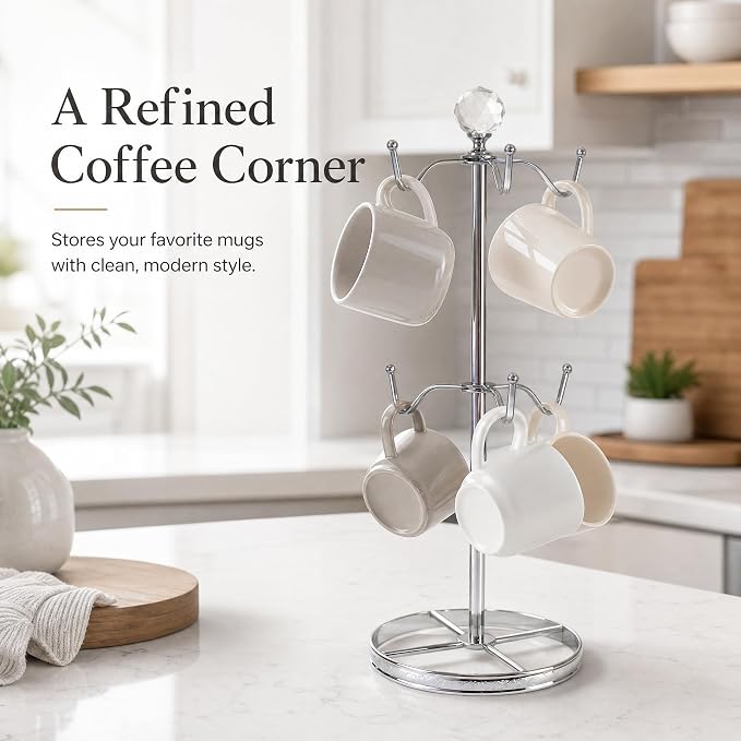 Mug Tree Coffee Cup Holder for Counter Top 6 Hooks | Double Tier Metal Mug Tree - Image 5