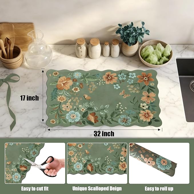 Scalloped Bohemian Boho Floral Flower Coffee Bar Mat Dish Drying Mats - Image 4