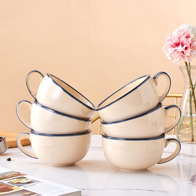 Coffeezone Set of 6 Cups Vintage Design 12 oz Professional Barista Ceramic - Image 5