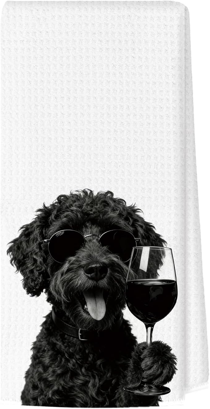 Funny Black Portuguese Water Dog Wine Bar Kitchen Towels, Dog Gifts by Unknown