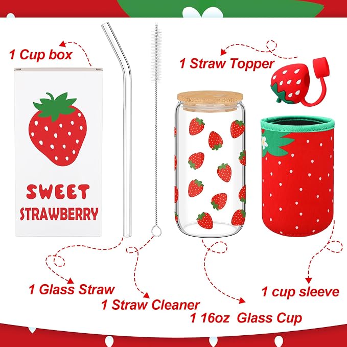 Reallnaive Strawberries Gifts for Women 16 oz Aesthetic Iced Coffee Cup Glass - Image 2