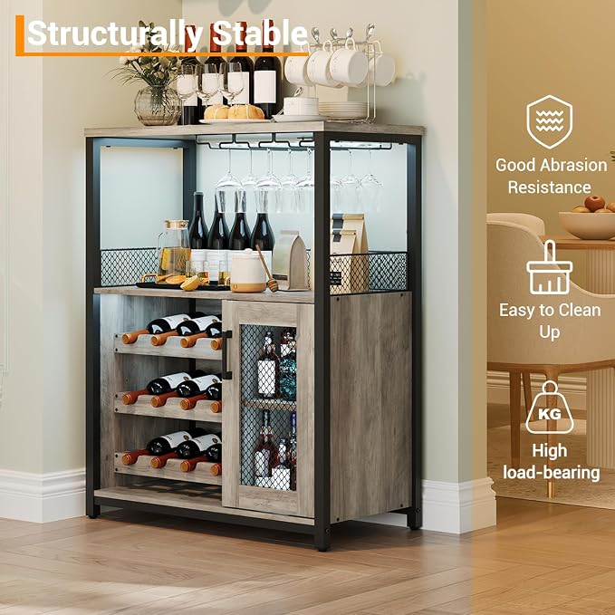 Jojoka LED Lighted 3-Tier Wine Bar Cabinet, Freestanding Sideboard Buffet - Image 6