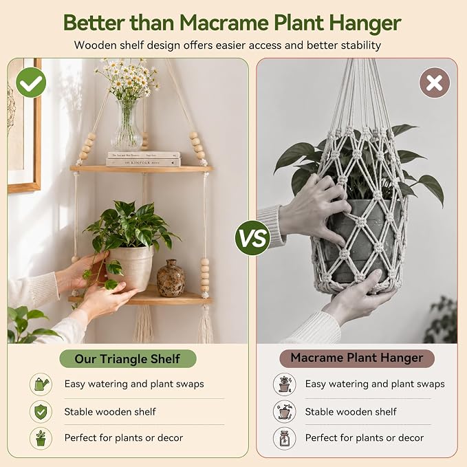 Artilady Macrame Wall Hanging Corner Shelf 2-Tier, Adjustable Boho Stable - Image 4