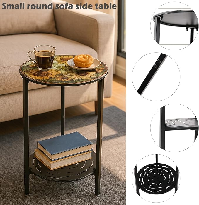 2-Tier Metal Round Side Table Black Accent Coffee Tables Small Space Corner - Image 4